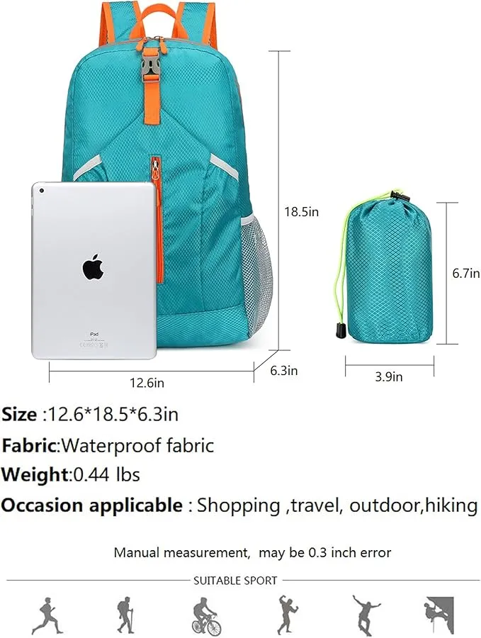 25L Hiking-Backpack Foldable-Sports Daypack-Camping Collapsible Bag Water Resistant Lightweight Travel Men Women (Lake Blue)