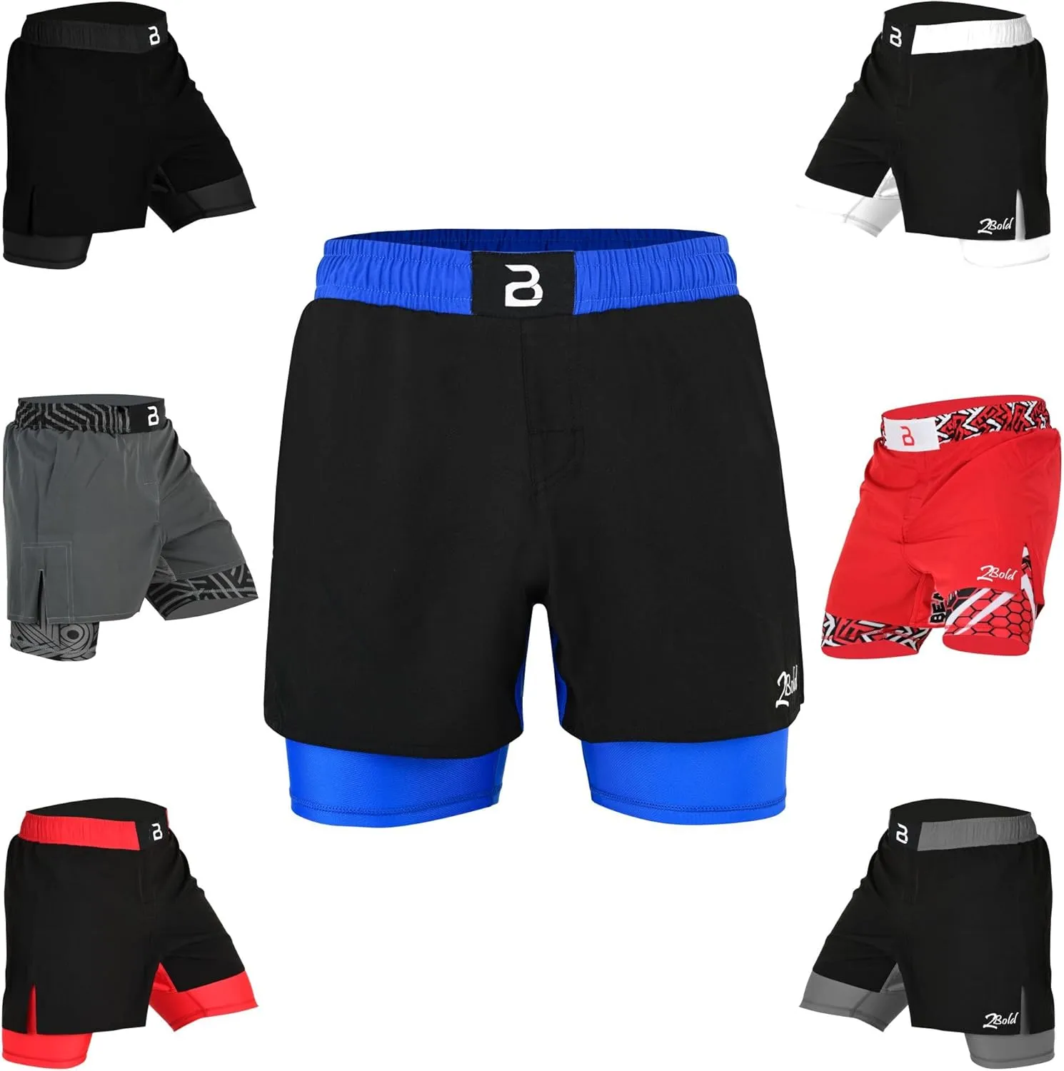 2BOLD MMA Shorts Mens 2 in 1 Jiu-Jitsu Built in Compression Lining Athletic Gym Boxing Muay Thai BJJ No-Gi Grappling Shorts