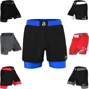 2BOLD MMA Shorts Mens 2 in 1 Jiu-Jitsu Built in Compression Lining Athletic Gym Boxing Muay Thai BJJ No-Gi Grappling Shorts
