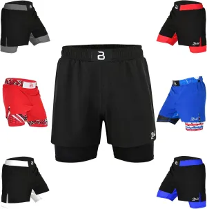2BOLD MMA Shorts Mens 2 in 1 Jiu-Jitsu Built in Compression Lining Athletic Gym Boxing Muay Thai BJJ No-Gi Grappling Shorts