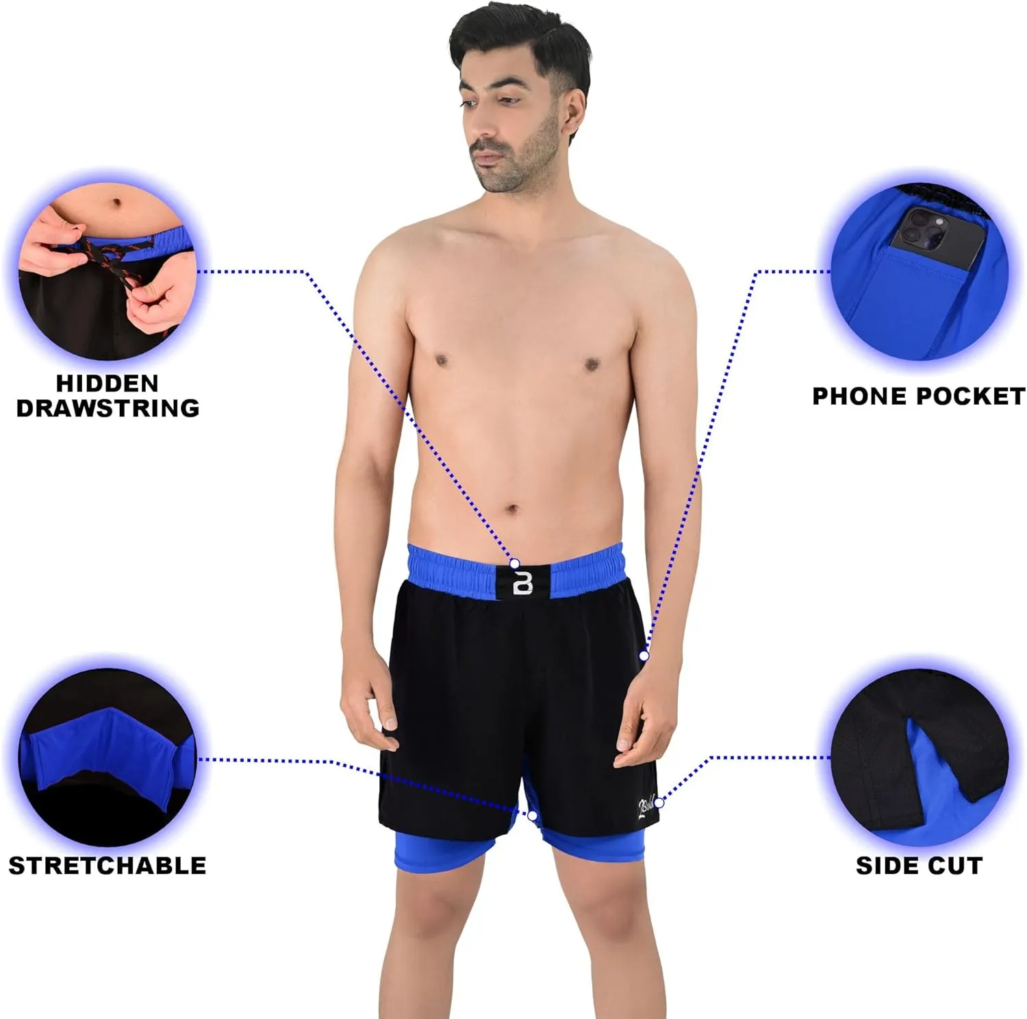 2BOLD MMA Shorts Mens 2 in 1 Jiu-Jitsu Built in Compression Lining Athletic Gym Boxing Muay Thai BJJ No-Gi Grappling Shorts