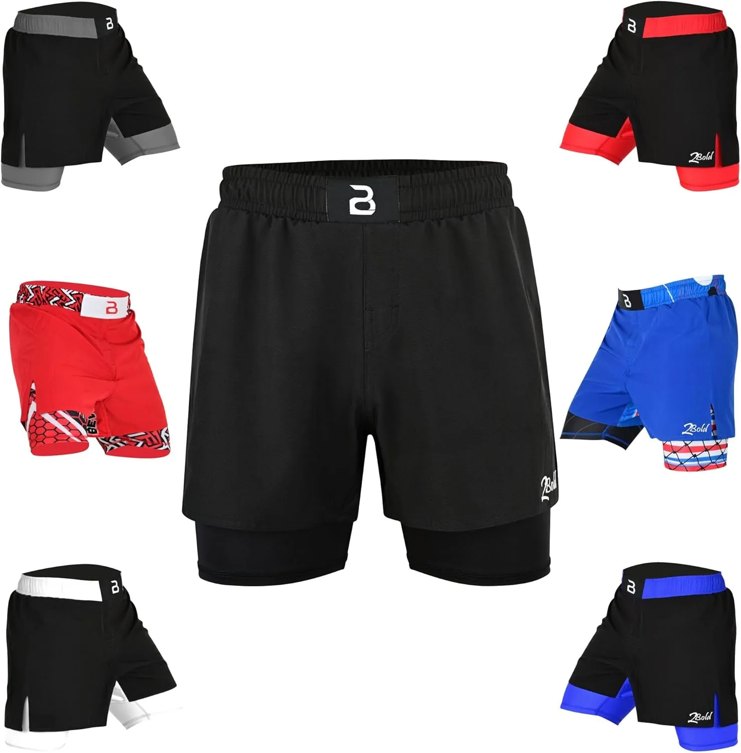 2BOLD MMA Shorts Mens 2 in 1 Jiu-Jitsu Built in Compression Lining Athletic Gym Boxing Muay Thai BJJ No-Gi Grappling Shorts