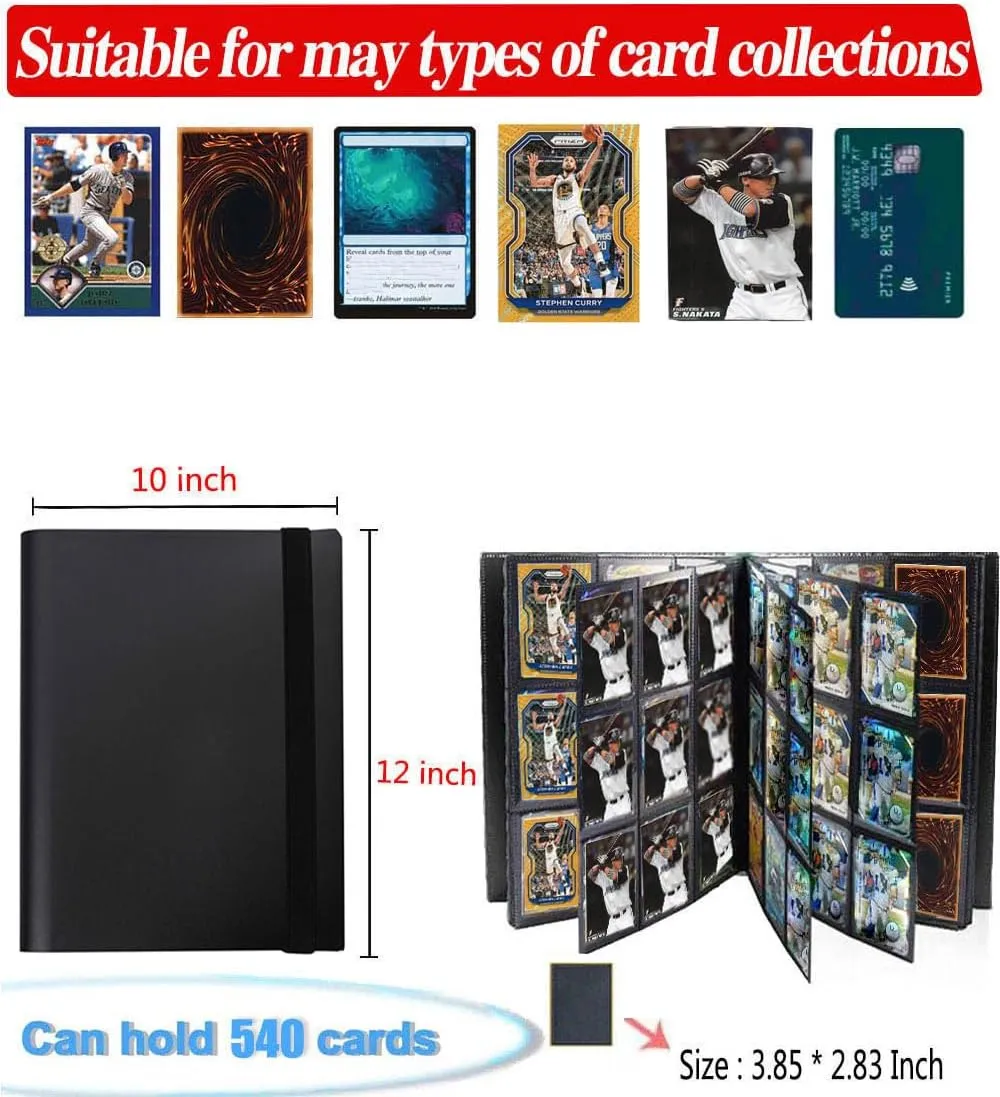 9 Pocket Trading Card Binder Holder, Card collection binder, Sports Cards Binder Sleeves for TCG, MTG, Yugioh, Trading card storage protection - 30 pages - Put up to 540 Cards (Black)