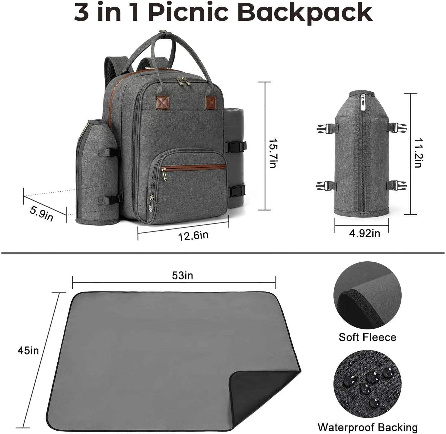 ALLCAMP OUTDOOR GEAR Picnic Backpack for 2 Person W/ Detachable Bottle/Wine Holder, Fleece Blanket, Plates and Cutlery Set (Grey)