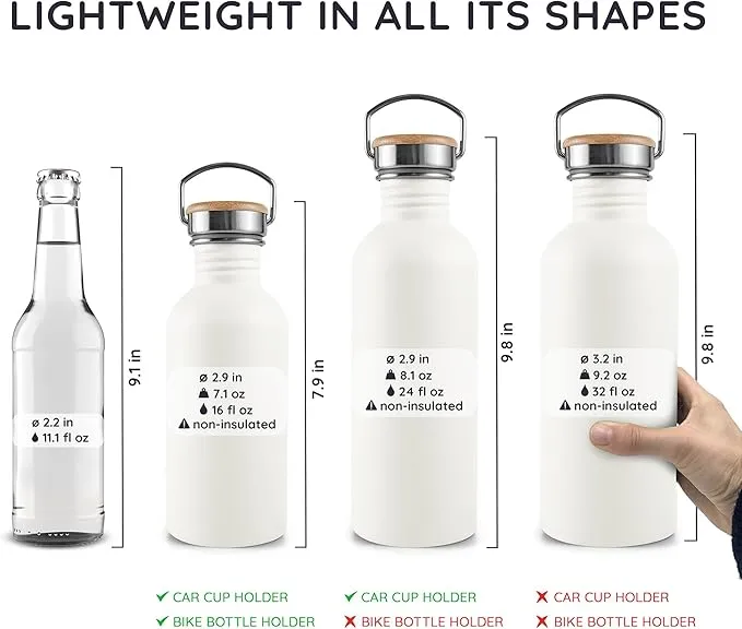 Bambaw 32 oz Water Bottle Stainless Steel, White Water Bottle 32oz, Non Insulated Water Bottle Metal, Camping Water Bottle with Handle, Leak Proof Water Bottle for Men and Women – Polar White
