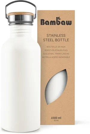 Bambaw 32 oz Water Bottle Stainless Steel, White Water Bottle 32oz, Non Insulated Water Bottle Metal, Camping Water Bottle with Handle, Leak Proof Water Bottle for Men and Women – Polar White