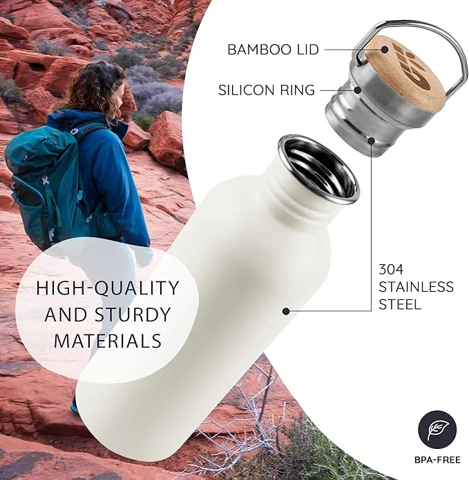 Bambaw 32 oz Water Bottle Stainless Steel, White Water Bottle 32oz, Non Insulated Water Bottle Metal, Camping Water Bottle with Handle, Leak Proof Water Bottle for Men and Women – Polar White