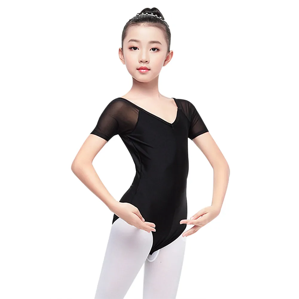 Classic Girl Short Sleeve Leotard Black Gymnastics Ballet Dance Bodysuit