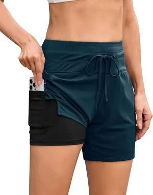 difficort Women's 7" Swim Board Shorts High Waisted Bathing Suit Bottoms Beach Swimming Shorts with Compression Liner