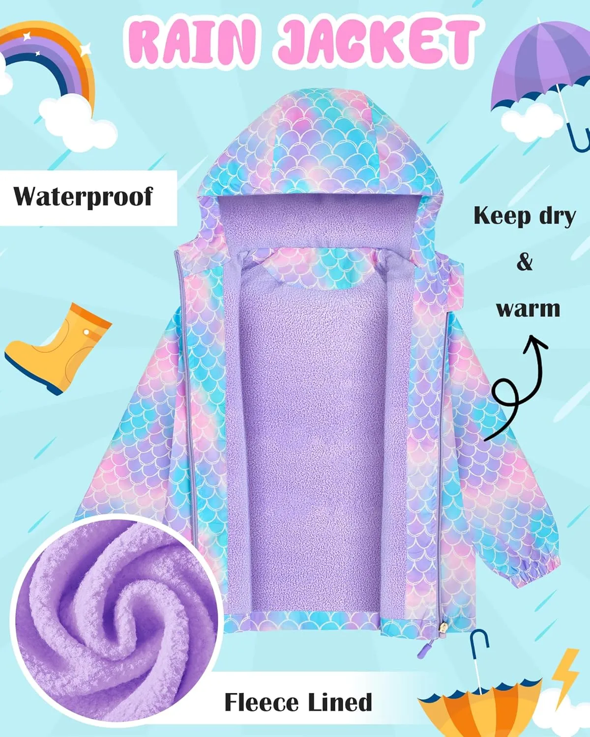 Girls Jacket Waterproof Hooded Fleece Lined Jackets Kids Raincoat Light Softshell Windproof Outdoor Jacket Coat 4-9T