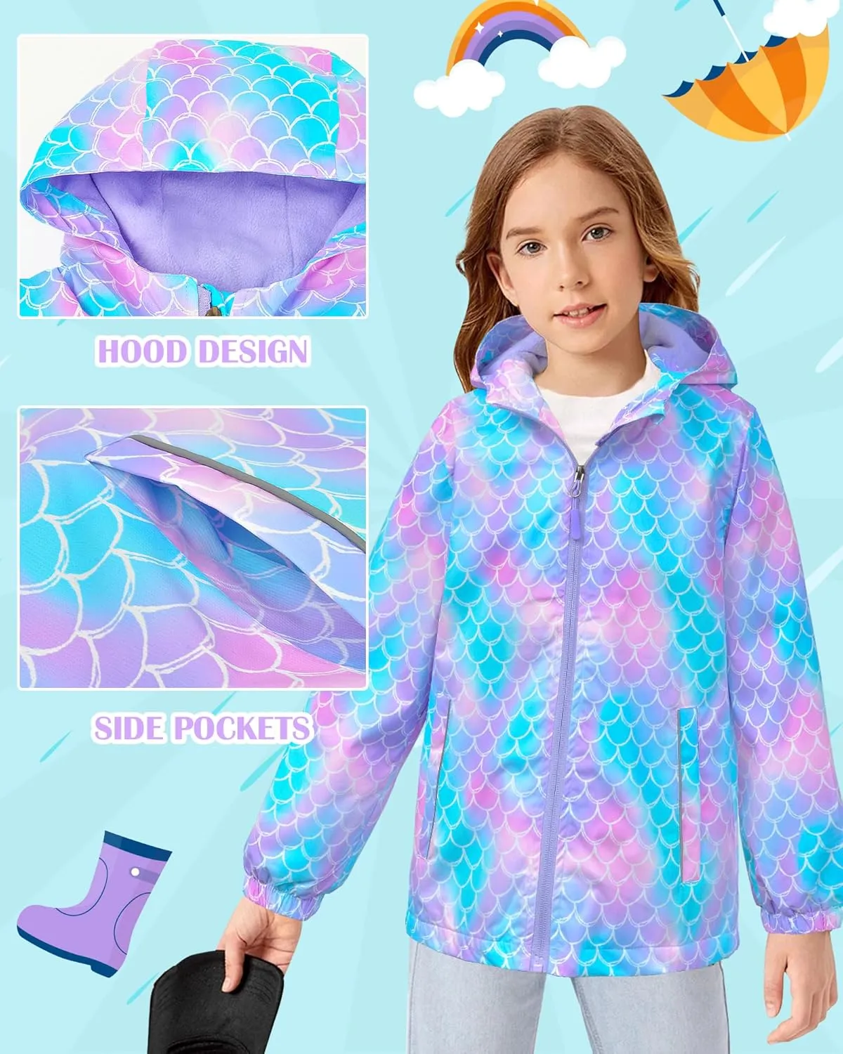 Girls Jacket Waterproof Hooded Fleece Lined Jackets Kids Raincoat Light Softshell Windproof Outdoor Jacket Coat 4-9T