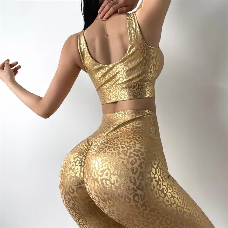 Golden Leopard Print Yoga Sets Women Sexy High Waist Push Up Gym Workout Tights Clothing Hot Sale MITAOGIRL