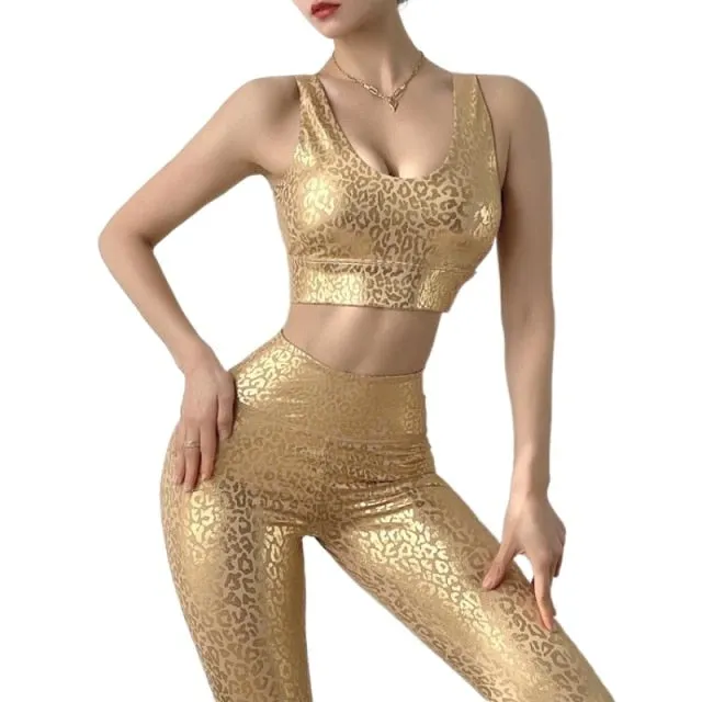 Golden Leopard Print Yoga Sets Women Sexy High Waist Push Up Gym Workout Tights Clothing Hot Sale MITAOGIRL