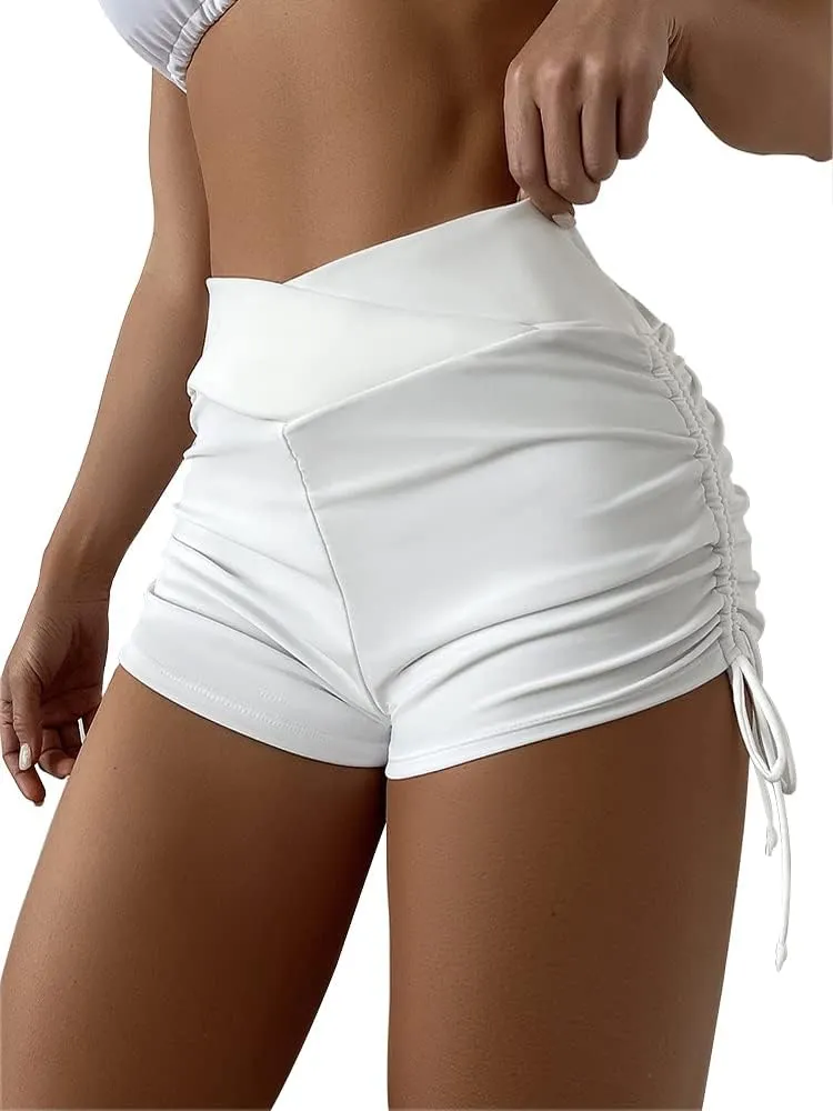 HYTENSUN Women's High Waisted V Cut Swim Shorts Ruched Board Shorts Tie Side Swimsuit Bottoms
