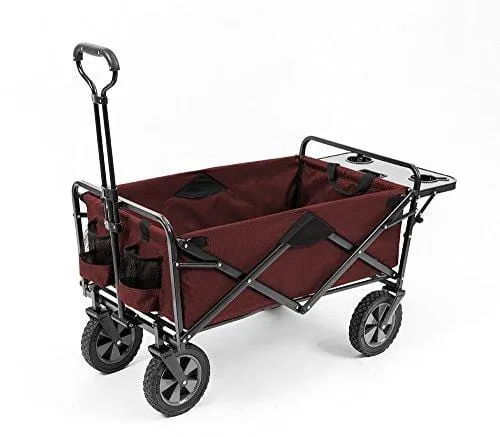 Mac Sports Collapsible Outdoor Utility Wagon with Folding Table and Drink Holders, Maroon