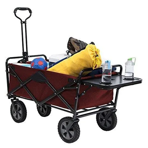 Mac Sports Collapsible Outdoor Utility Wagon with Folding Table and Drink Holders, Maroon