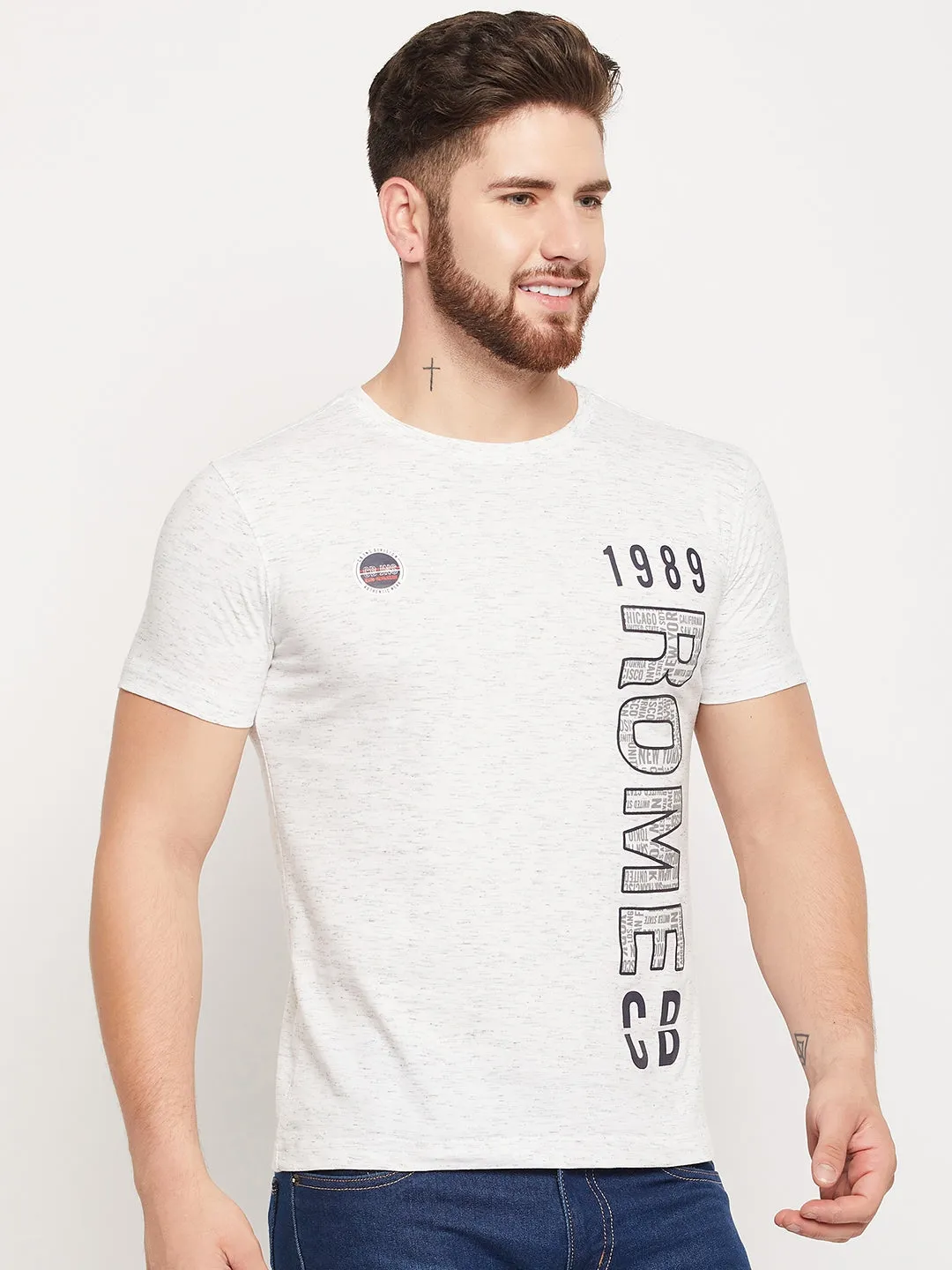 Men Ecru Melange Round Neck T-Shirt
