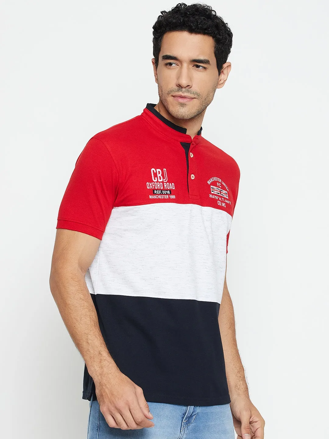 Men Red Color Blocked Half Sleeves Band Collar Casual T-Shirt