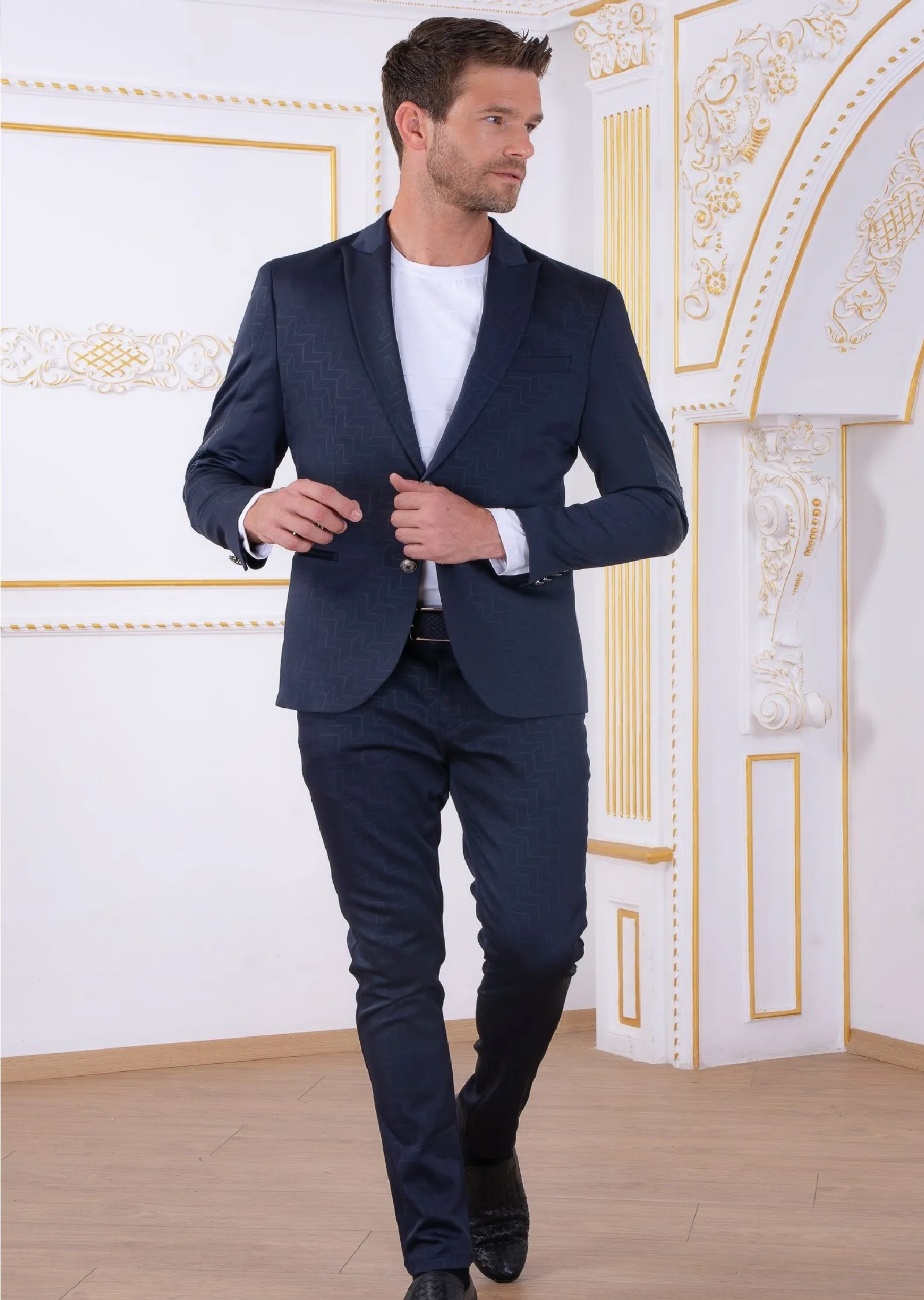 Navy Geometrical Print 2-Pcs Suit
