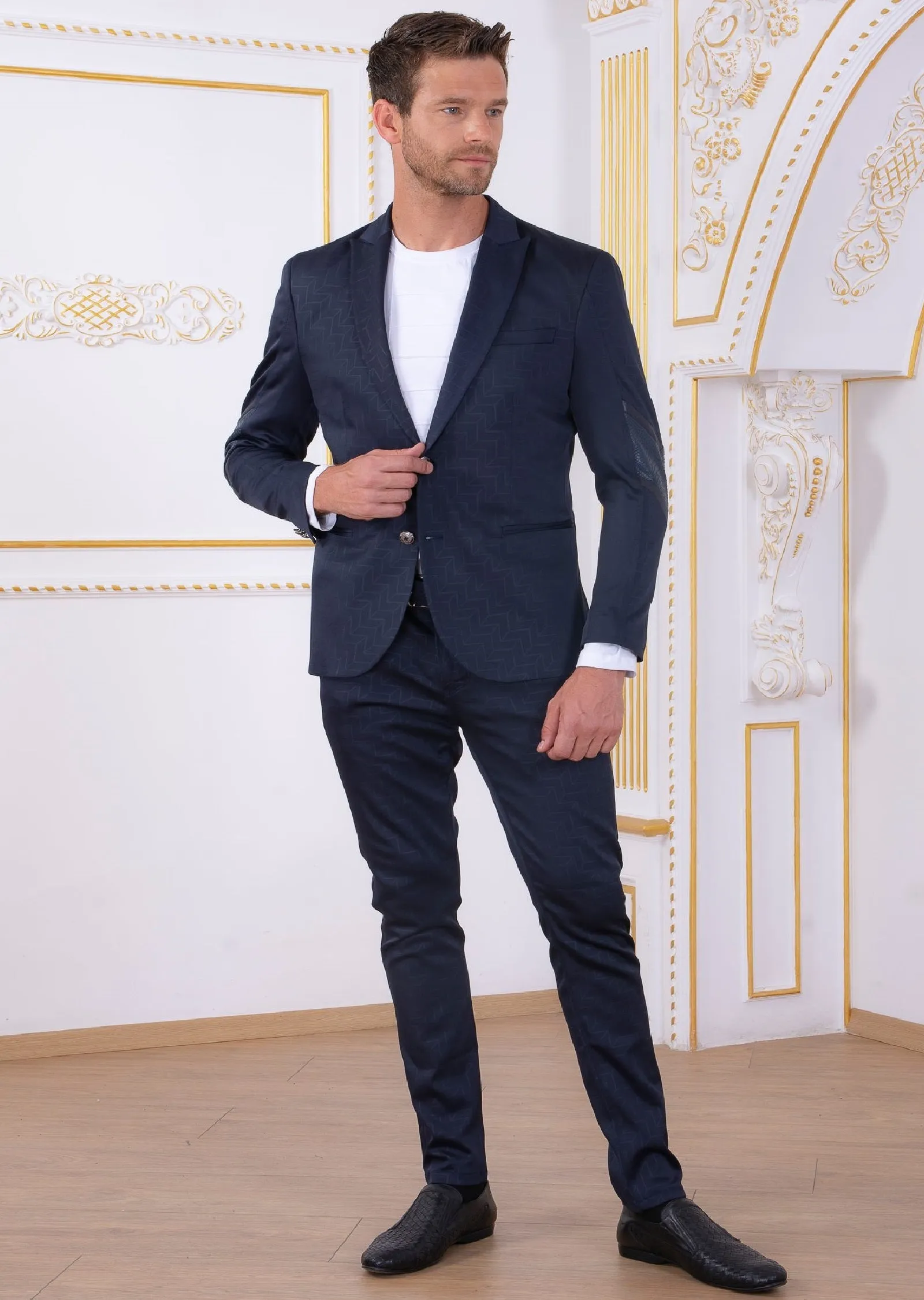 Navy Geometrical Print 2-Pcs Suit