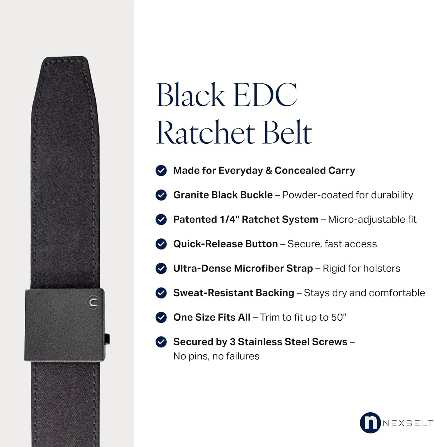 Nexbelt EDC Tactical Ratchet Belt  1.5" Black Nylon, Quick-Release, Adjustable for Appendix Carry, Fits Up to 50" Waist