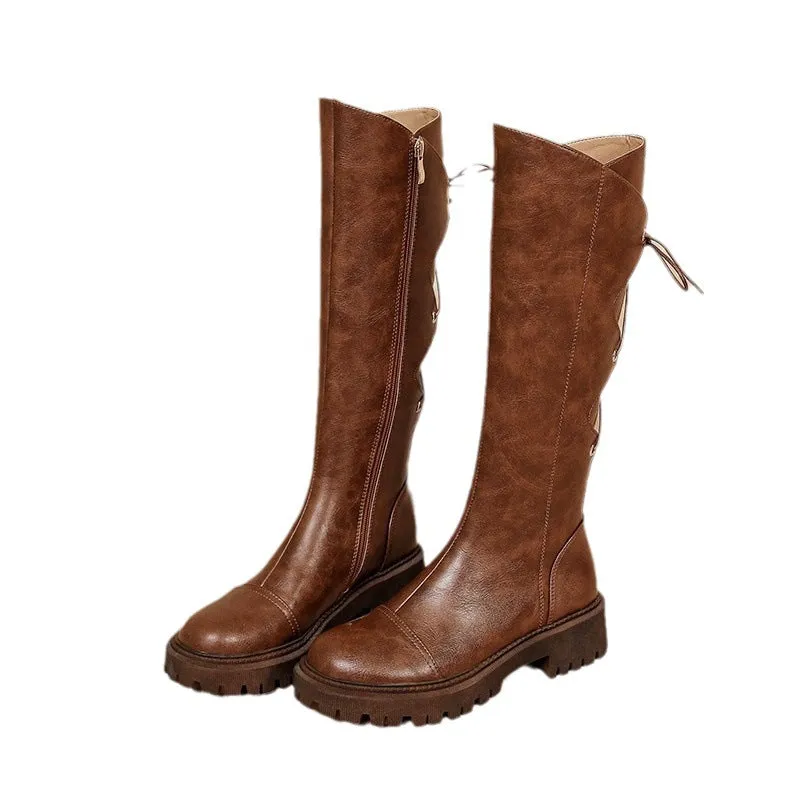 Over-the-Knee Brown V-Cut Soft Leather Thick Sole Riding Boots