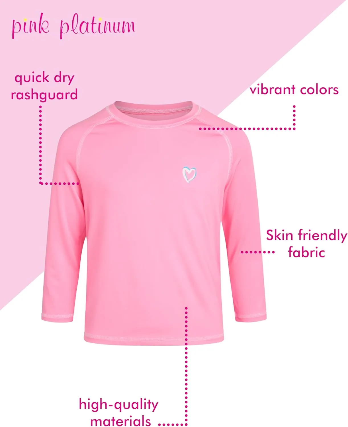 Pink Platinum Girls Rash Guard - UPF 50  Long Sleeve Swim Top Quick Dry Sun Protection Rashguard Swimsuit for Girls (4-16)