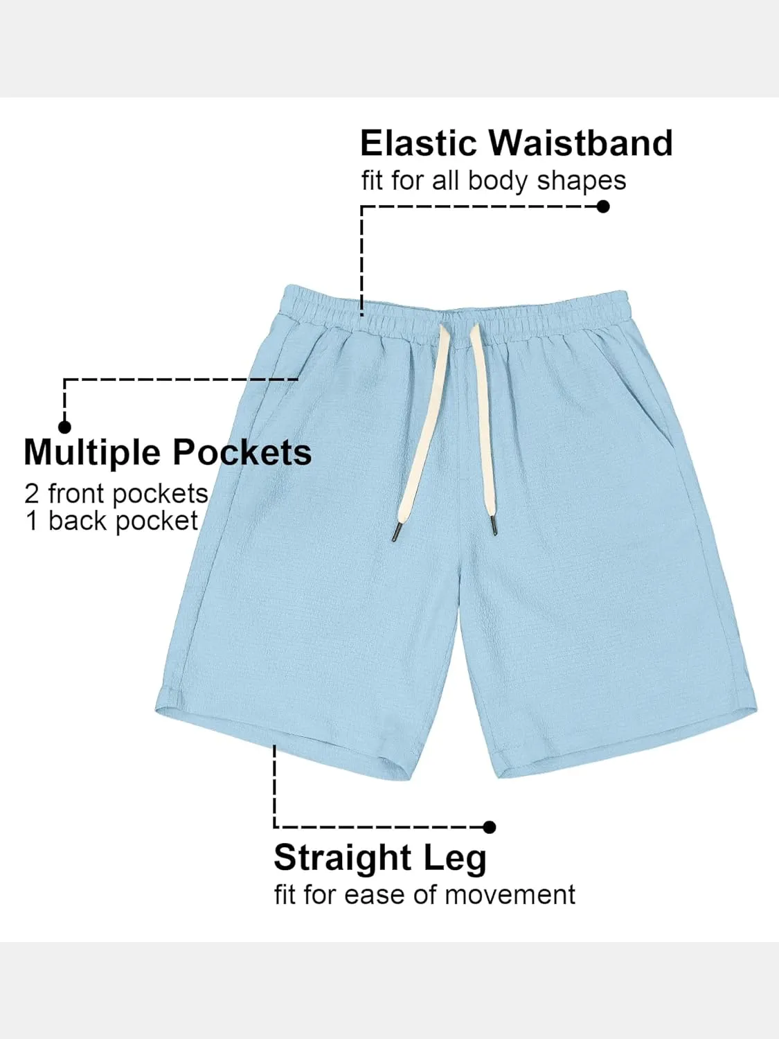 PLEPAN Mens Casual Shorts Lightweight Summer Beach Shorts Elastic Waist Drawstring Stretch Seersucker Textured Shorts for Men