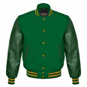 Spine Spark Green Wool Varsity Jacket Green Leather Sleeves
