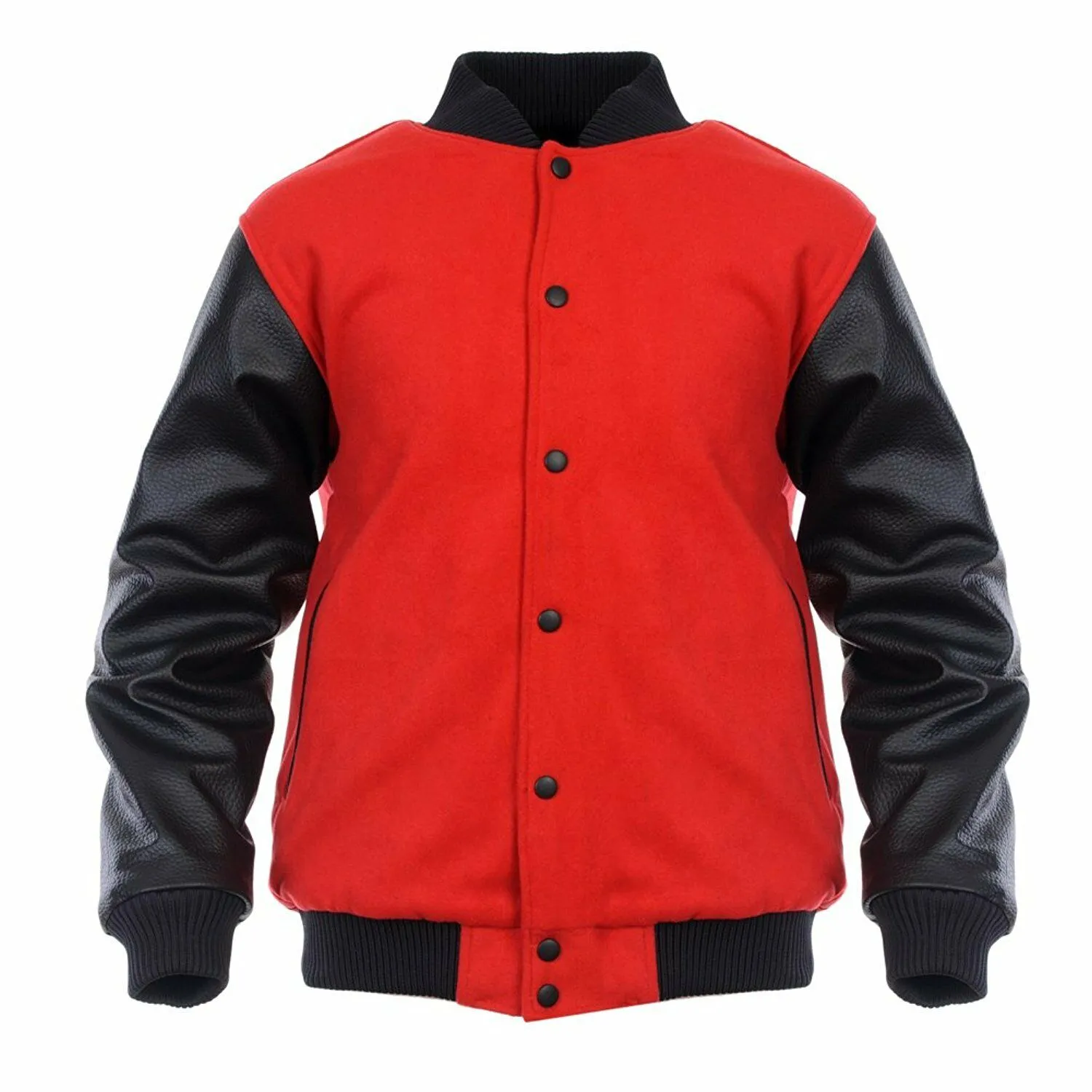 Spine Spark Red Wool Varsity Bomber Jacket Black Leather Sleeves