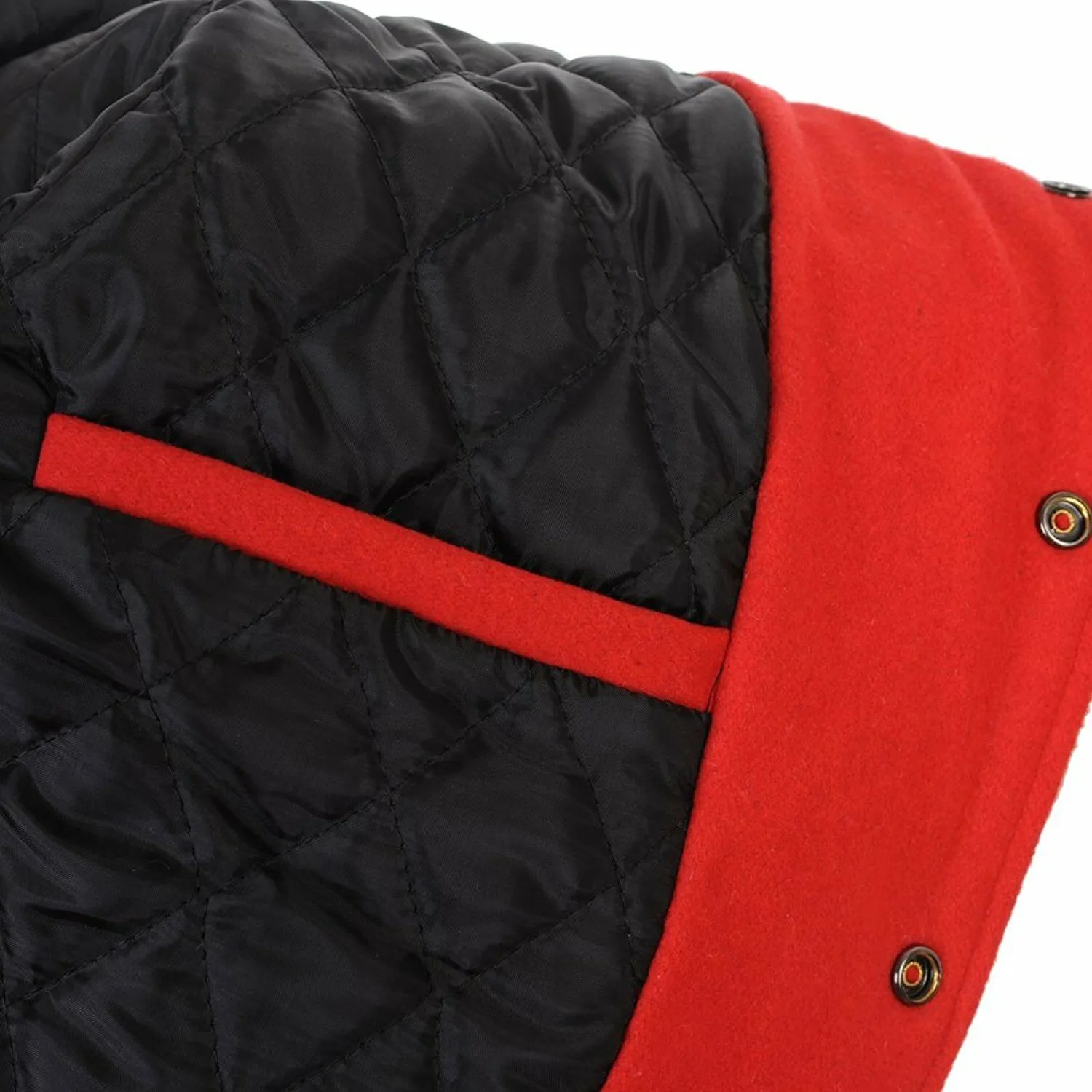 Spine Spark Red Wool Varsity Bomber Jacket Black Leather Sleeves