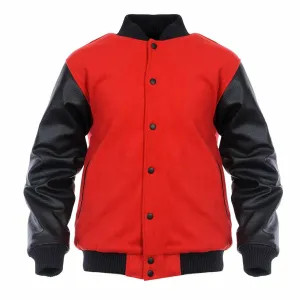 Spine Spark Red Wool Varsity Bomber Jacket Black Leather Sleeves