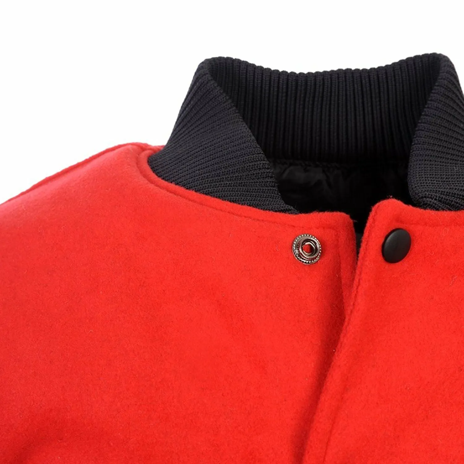 Spine Spark Red Wool Varsity Bomber Jacket Black Leather Sleeves