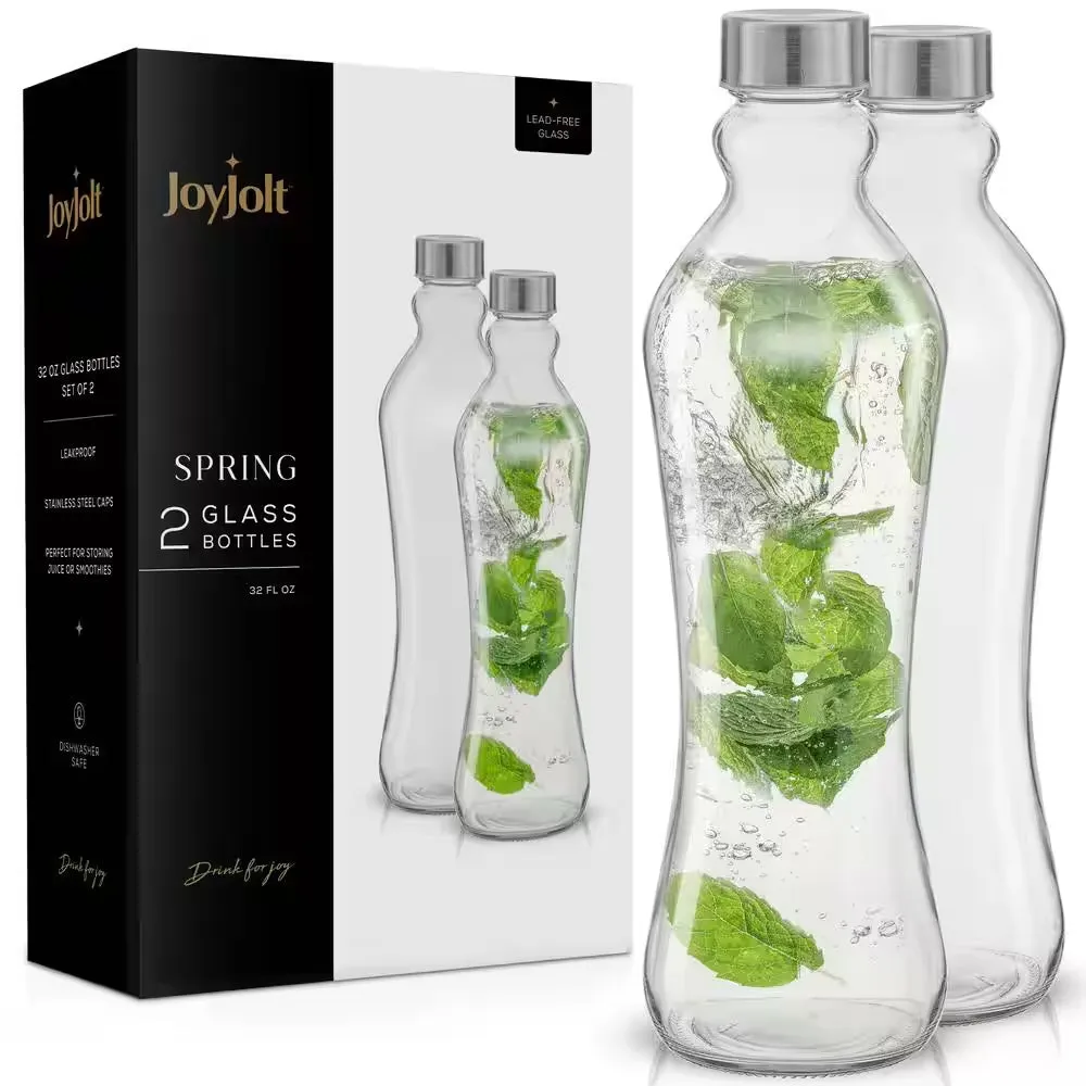 Spring 32 Oz. Clear Glass Water Bottles with Stainless Steel Cap - (Set of 2)