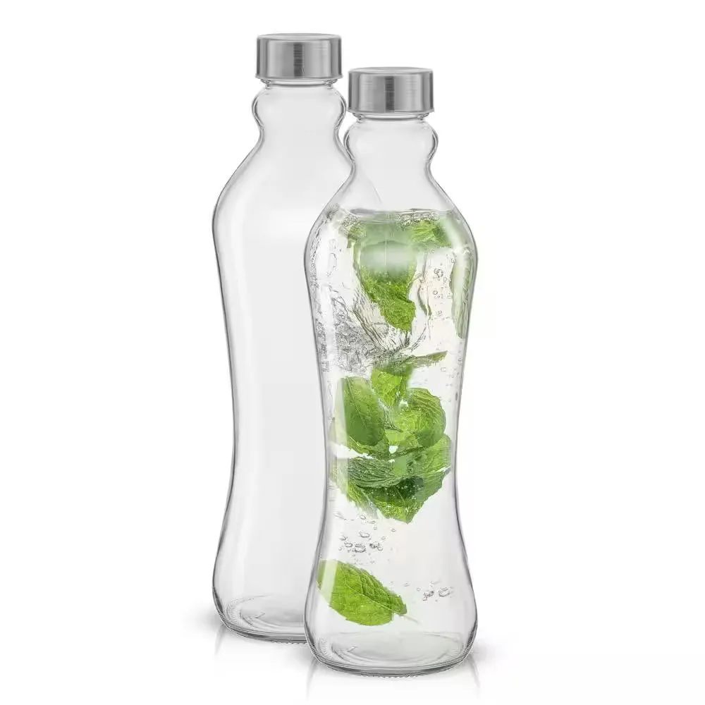 Spring 32 Oz. Clear Glass Water Bottles with Stainless Steel Cap - (Set of 2)