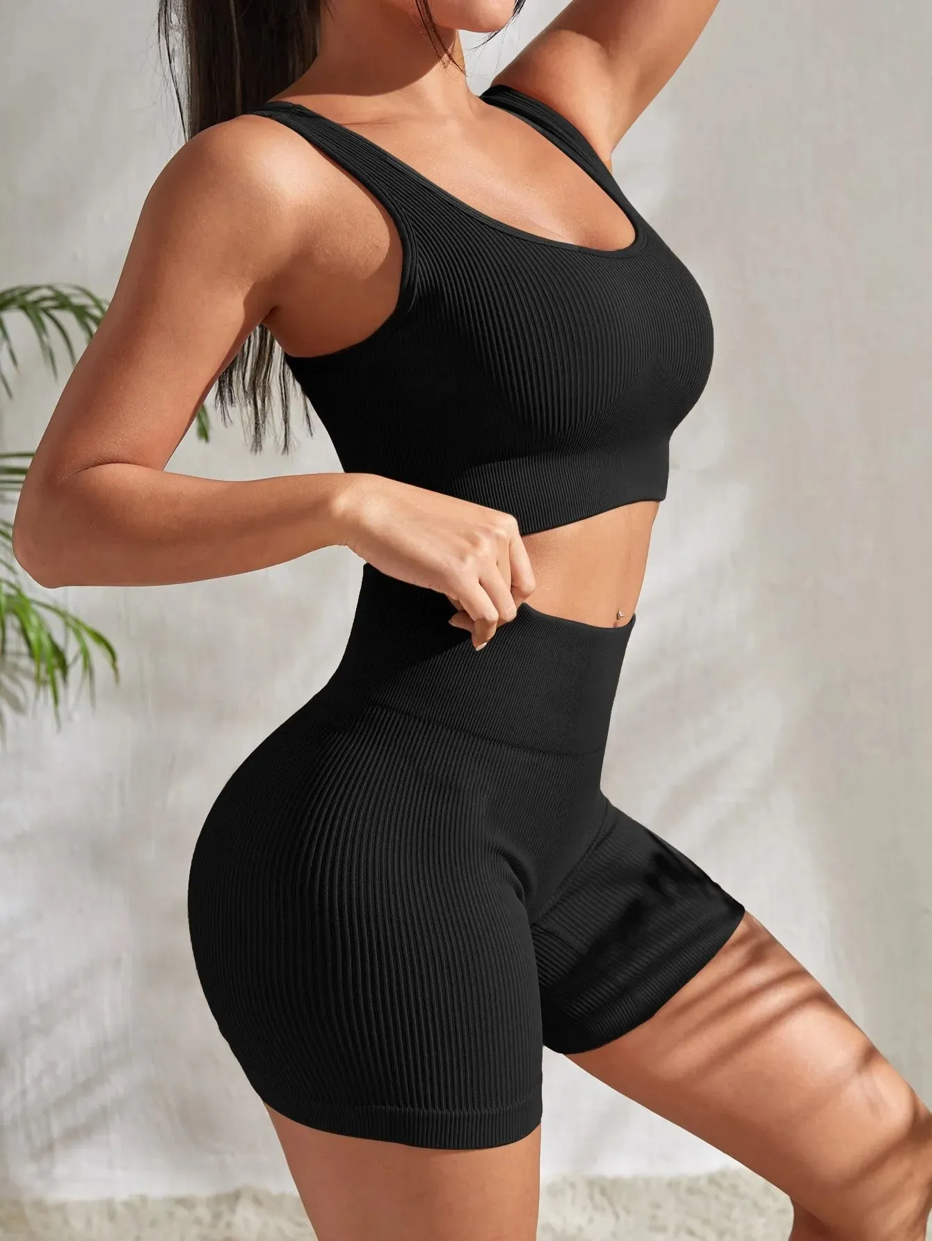 Womens Quick Dry Seamless Ribbed Crop Tank High Waist 2 Piece SIZE S-L